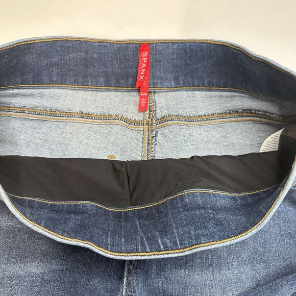 Spanx Jeans Women Medium Ankle Skinny Blue Pull On Stretch Denim Distressed Fray - Picture 9 of 14